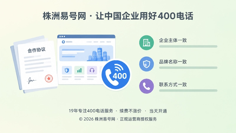 左图右文式企业通信信息一致插画，合同卡片与统一号码图标